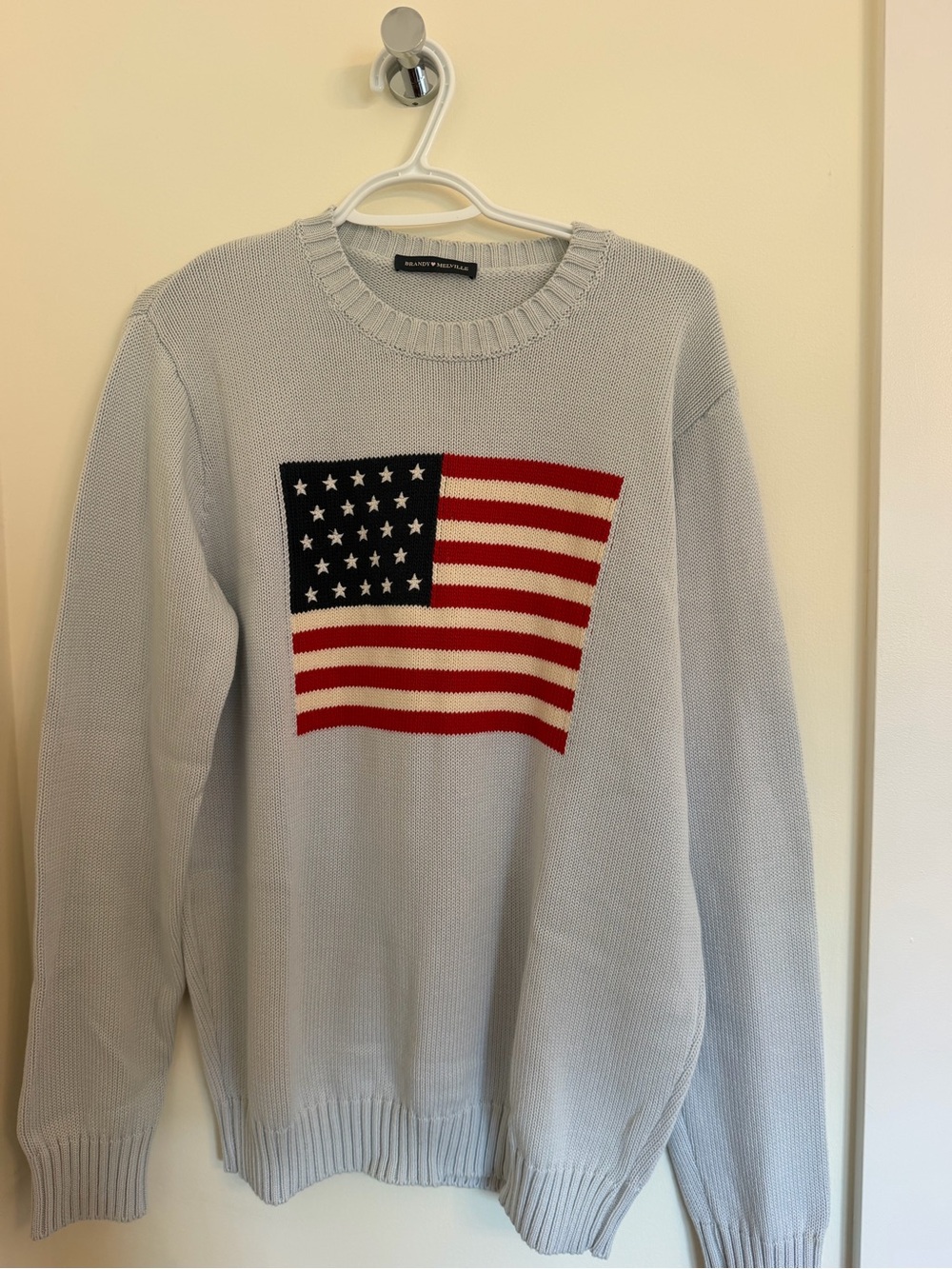 Brandy Melville Light Blue Crewneck Sweater with Flag Motif
